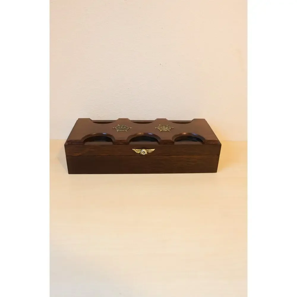 Vintage Nautical Wood Valet Jewelry Box Brass Ship Wheel Inlay Red Felt Lining